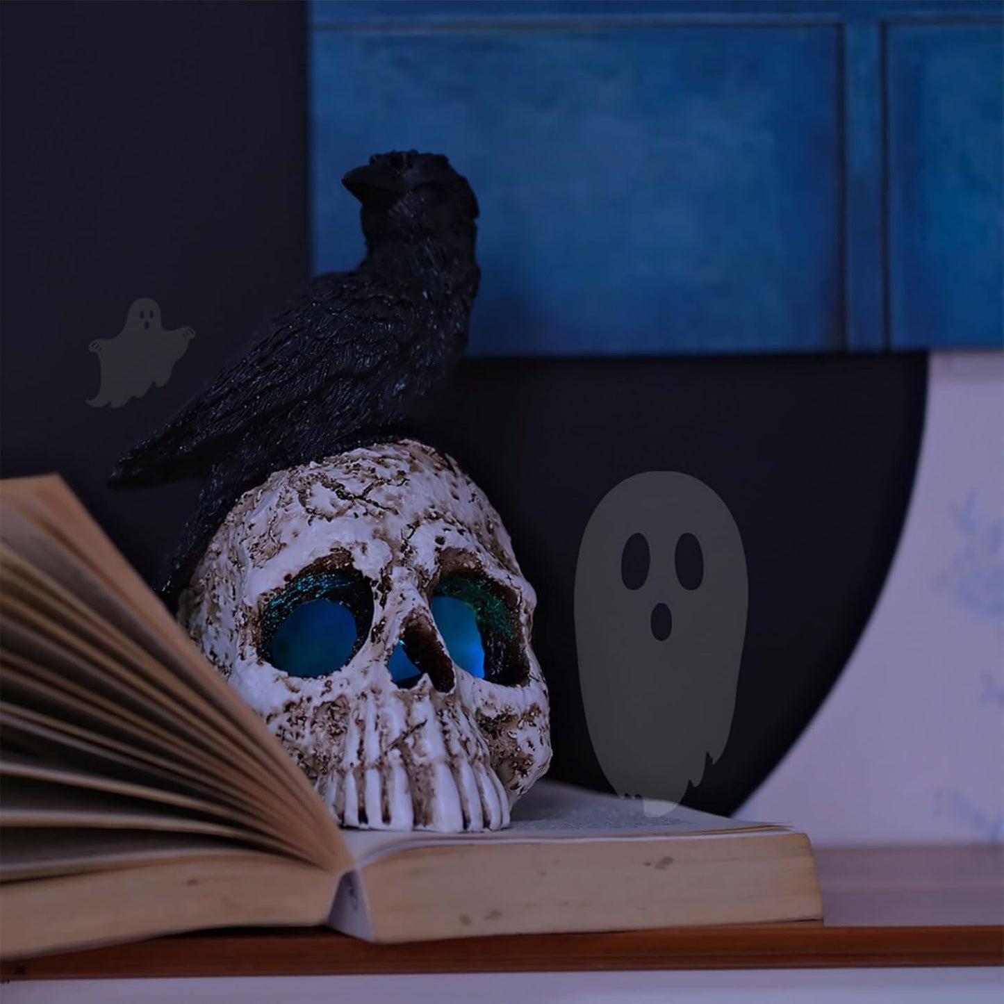 LED Light Raven on Skull Statue - Crow on Skull Figurine Home Decor with LED Light Up Glowing Eyes