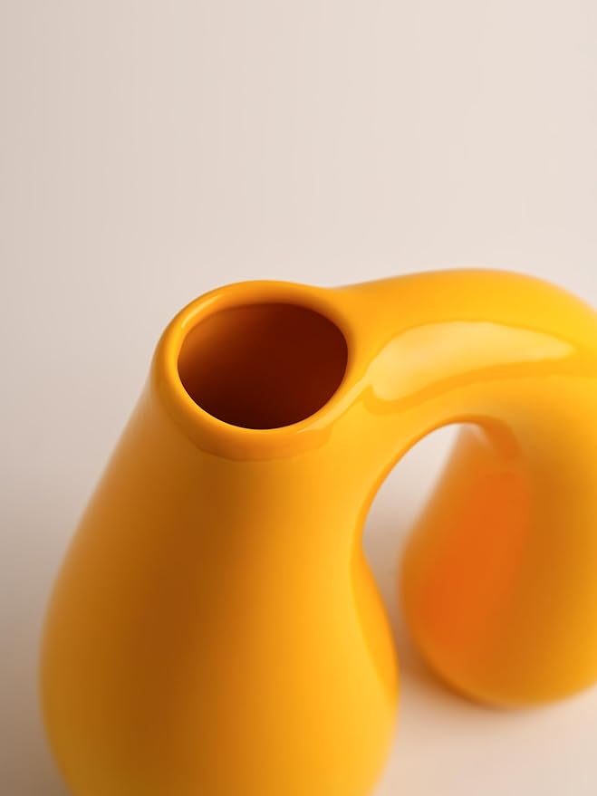 Yellow Ceramic Decorative Pitcher Vase, 7.5 in – Glossy Sculptural Arch-Handle, Modern Home Décor Accent for Fresh or Dried Floral Arrangements, Table/Shelf/Entryway, Giftable