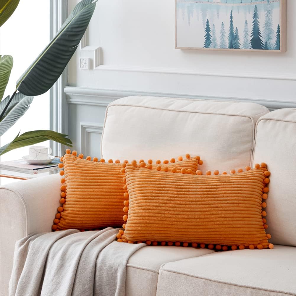 Fancy Homi Pack of 2 Fall Lumbar Decorative Throw Pillow Covers with Pom-poms, Soft Corduroy Solid Rectangle Cushion Cases for Couch Sofa Bed Living Room, Fall Home Decor (12x24 Inch/30x60 cm, Orange)