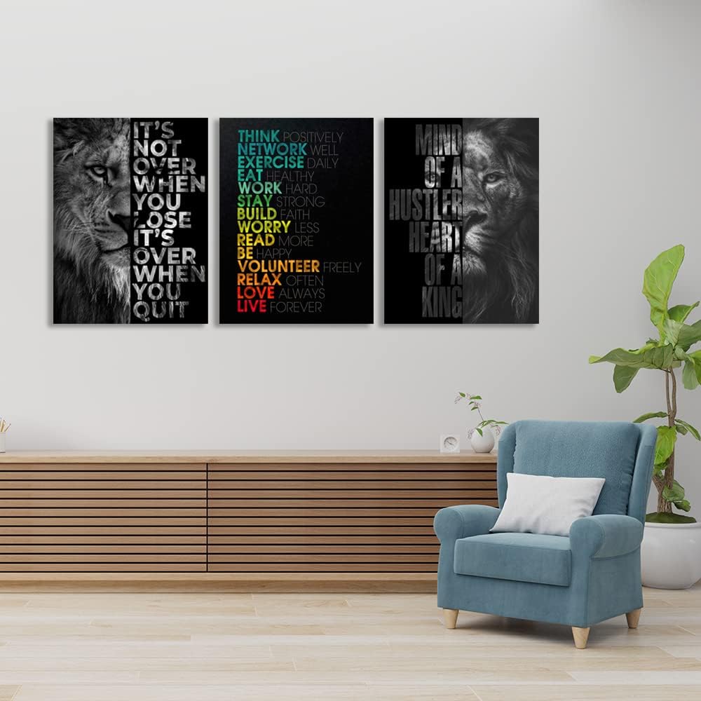Lion Wall Art - Motivational Wall Art Decor, Framed Canvas Prints for Office Decor, Inspirational Quotes Posters for Men, Leadership & Strength Pictures for Home Office Bedroom Living Room, 20inch x28inch x3pcs