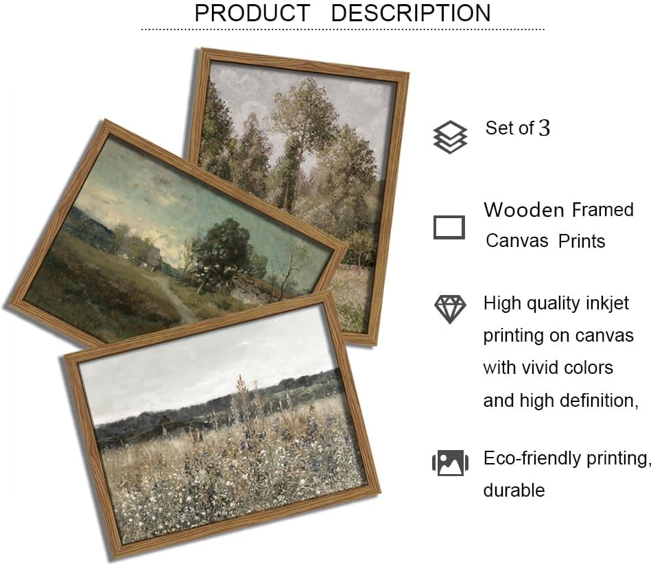 Hwetui Vintage Landscape Canvas Wall Art Framed Set of 3 Wildflower Field Poster Retro Rustic Farmhouse Prints Classical Nature Oil Painting Picture Home Decor for Living Room Bedroom Office 12x16in