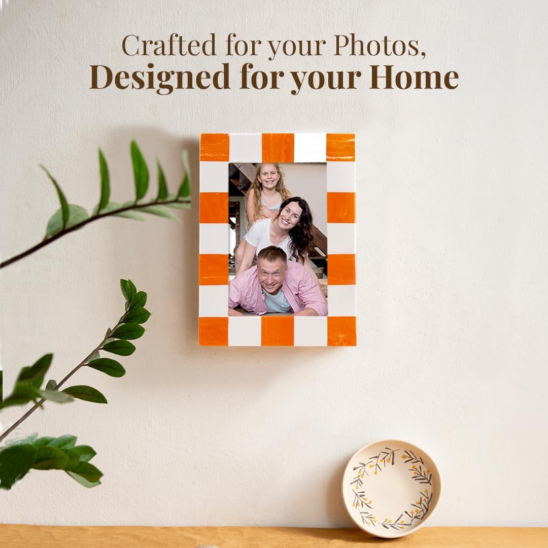 Folkulture Picture Frame | Stylish Marble Resin Unique 5x7 Photo Frame | Modern Wall Decor - Aesthetic Birthday Gift | Fall Orange & White Creative Photo Frame | Boho Living Room Home Decor