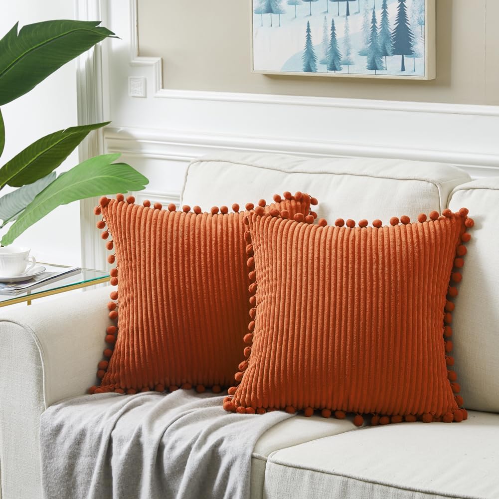 Fancy Homi Pack of 2 Burnt Orange Decorative Throw Pillow Covers 16x16 Inch with Pom-poms for Couch Bed Bedroom, Soft Corduroy Solid Square Cushion Case 40x40 cm, Farmhouse Boho Fall Home Decor