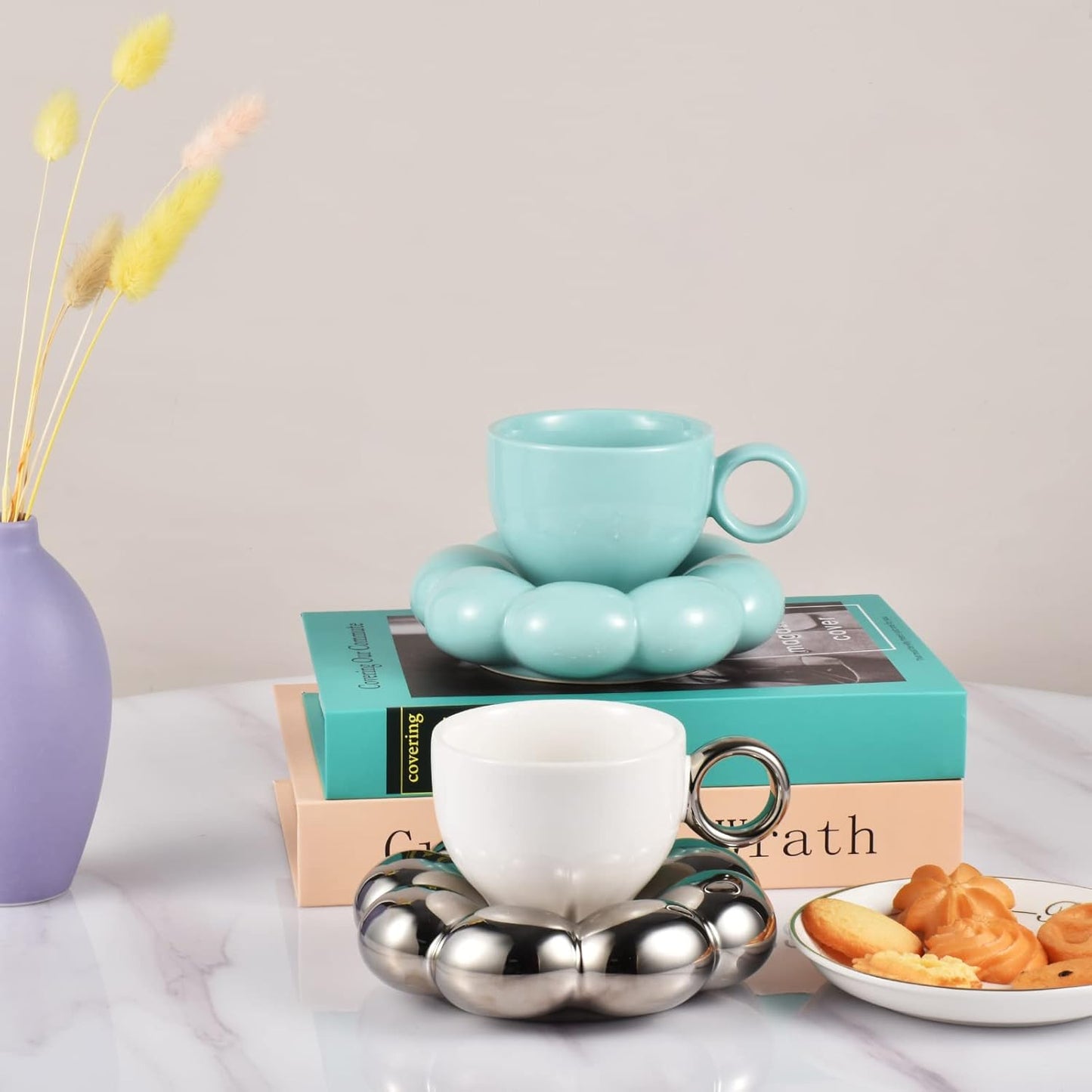 Koythin Ceramic Coffee Mug with Saucer Set, Creative Cute Cup with Sunflower Coaster for Office and Home, 6.5 oz/200 ml for Tea Latte Milk (Electroplating White and Silver)