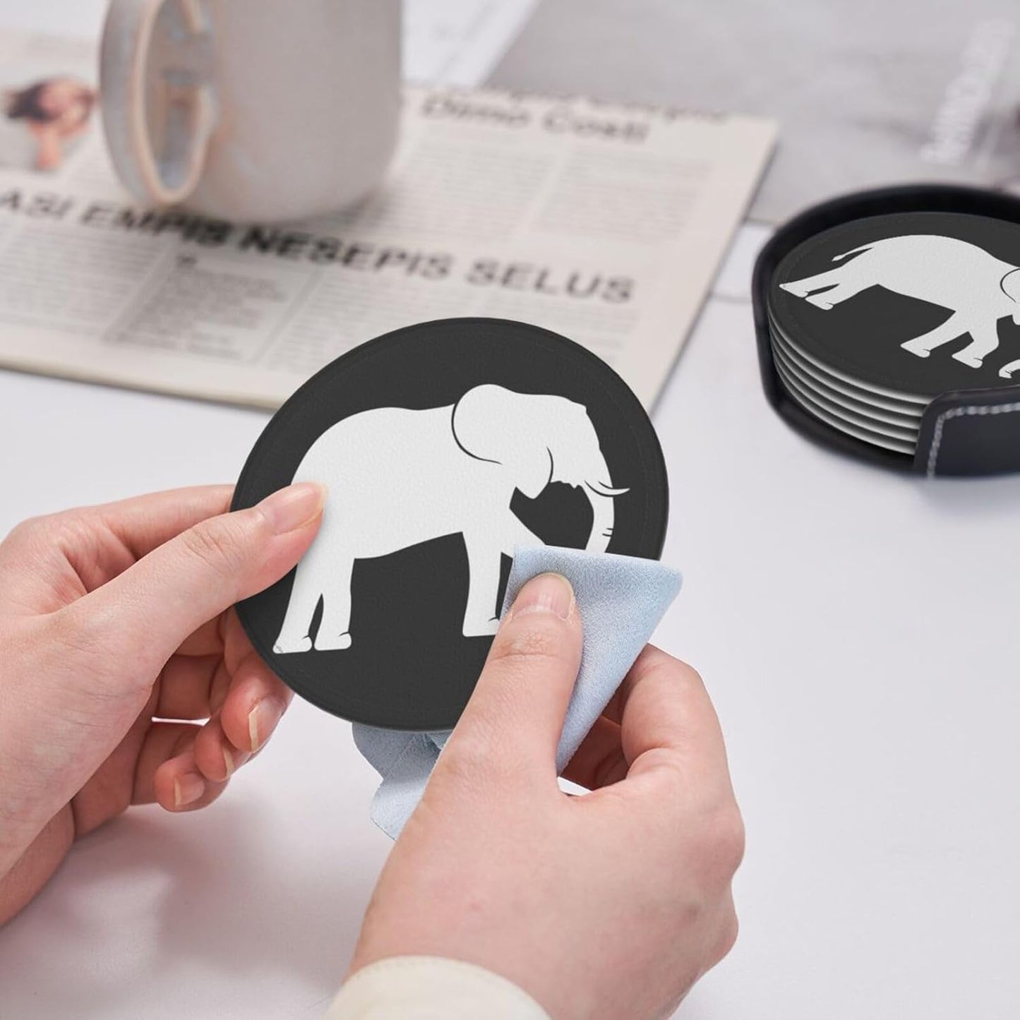 Black and White Elephant Leather Drink Coasters Set of 6 with Holder Round Cup Coaster for Table Decor