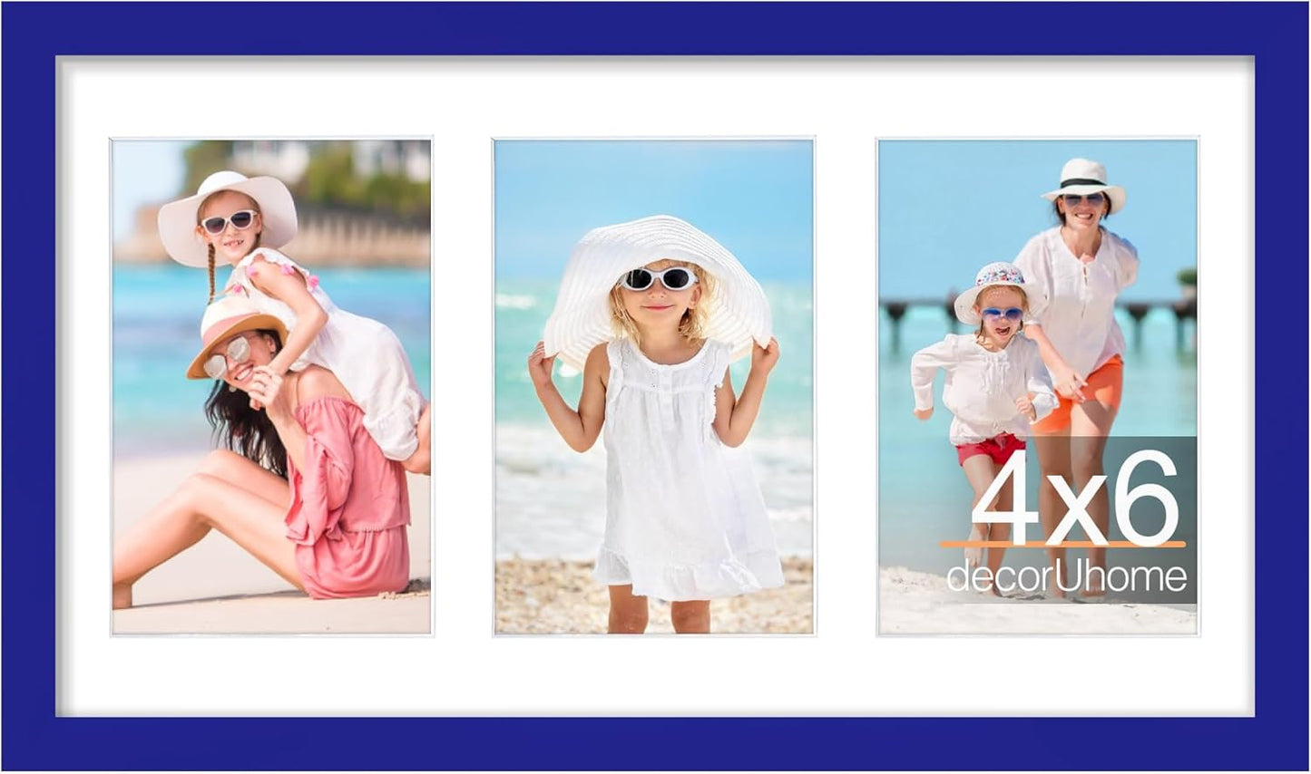 decorUhome 8x14 Picture Frames Collage Wall Decor, Display 3Pcs 4x6 Photos with Mat or 1Pcs 8x14 Unmatted, 3 4x6 Collage Picture Frames for Wall Mounting, Royal Blue