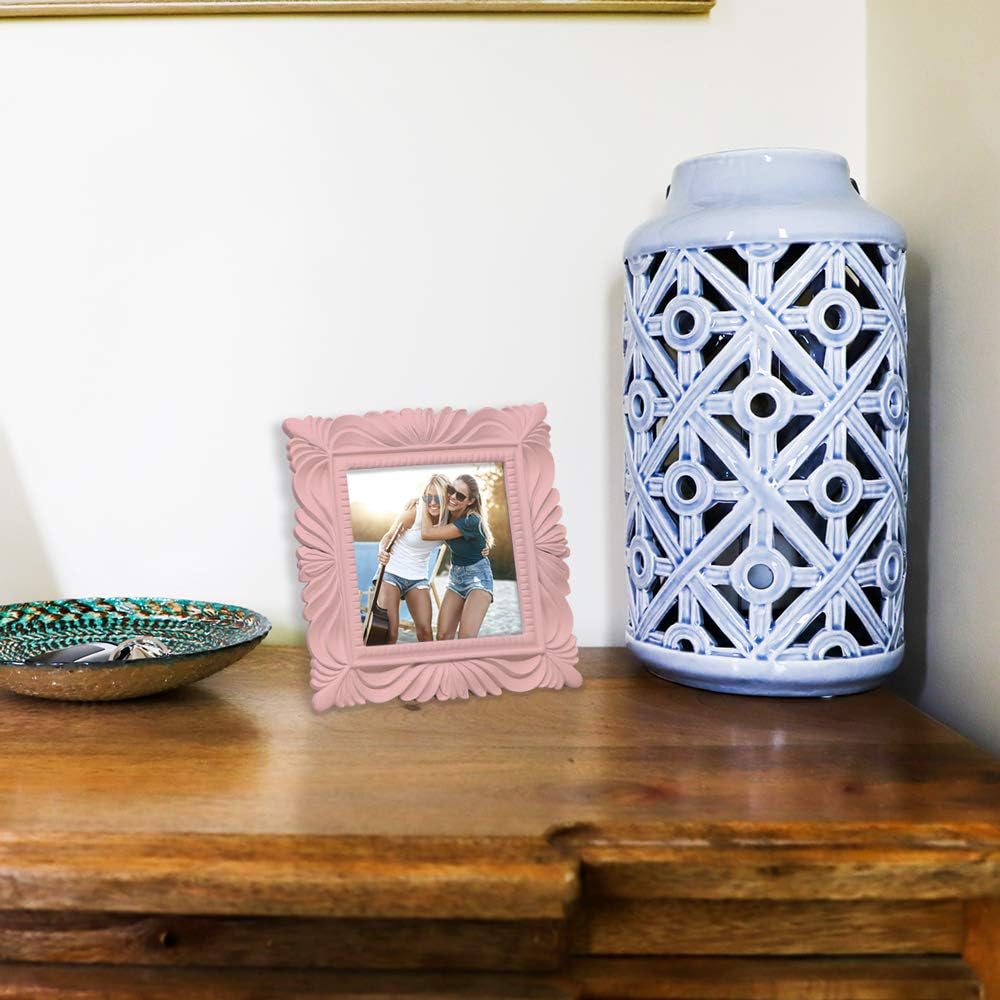 Isaac Jacobs 4x4 Pink Wave Textured Hand-Crafted Resin Picture Frame with Easel & Hook for Tabletop & Wall Display, Decorative Swirl Design Home Décor, Photo Gallery, Art, More (4x4, Pink)