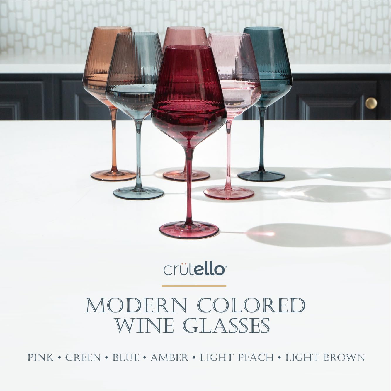 Crutello Modern Colored Wine Glasses 16 oz Glassware - Colorful Glasses Set of 6, Unique Fluted Colored Glassware with Ribbed Texture, Art Deco Red & Fancy White Wine Glass