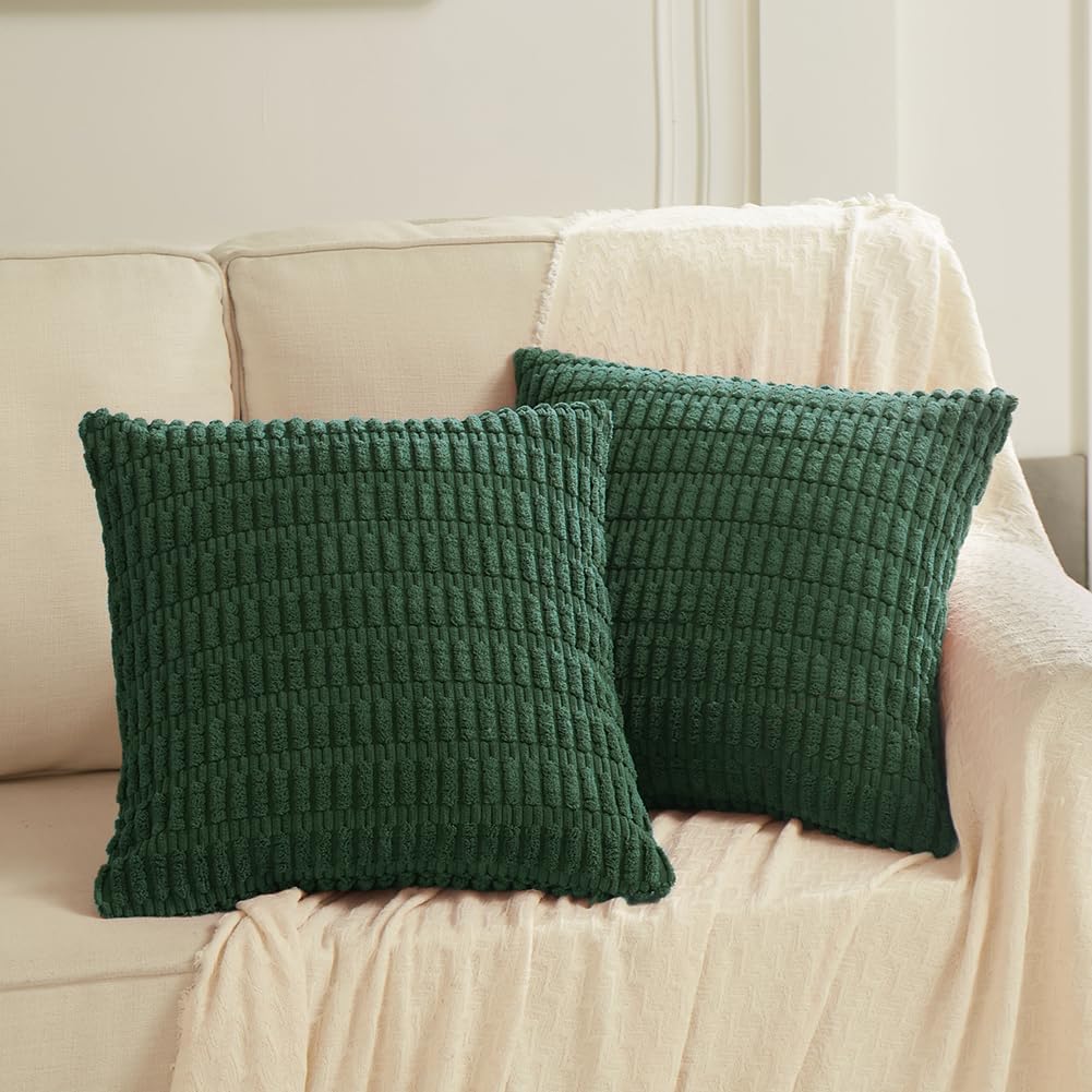 Fancy Homi Set of 4 Dark Green Boho Decorative Throw Pillow Covers 22x22 Inch for Couch Bed Sofa, Aesthetic Modern Bohemian Room Decor, Soft Fuzzy Fluffy Cozy Corduroy Textured Cushion Case 55x55cm