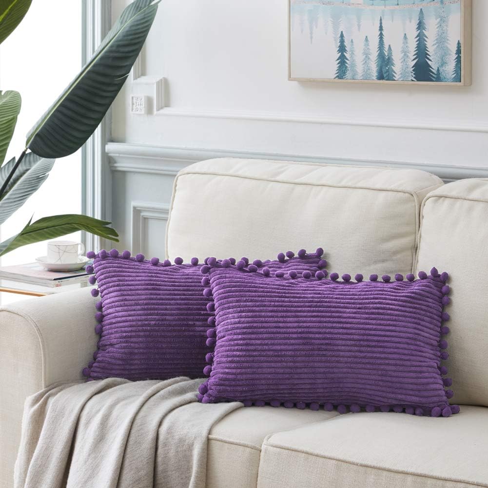 Fancy Homi Pack of 2 Boho Lumbar Decorative Throw Pillow Covers with Pom-poms, Soft Corduroy Solid Rectangle Cushion Cases Set for Living Room Couch Sofa Bedroom Car (12x20 Inch/30x50 cm, Purple)