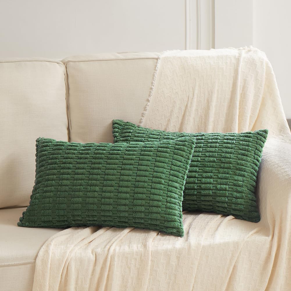 Fancy Homi 4 Packs Green Decorative Throw Pillow Covers 12x24 Inch for Living Room Couch Bed, Holiday Christmas Home Decor Gift, Soft Plush Corduroy Cute Square Accent Cushion Case 30x60 cm