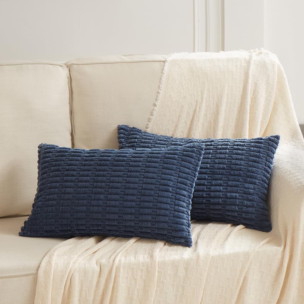 Fancy Homi 4 Packs Dusty Blue Decorative Throw Pillow Covers 12x24 Inch for Living Room Couch Bed Sofa, Rustic Farmhouse Boho Home Decor, Soft Plush Striped Corduroy Square Cushion Case 30x60 cm