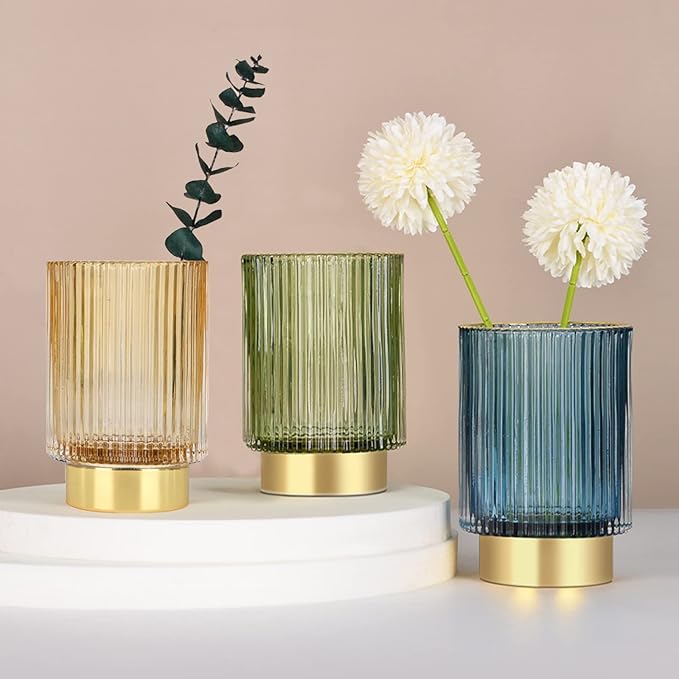 Glass Vase, Gold-Tone Metal Base, Flower Vase Decorative for Home Office Wedding Holiday Party Celebrate. Glass Plant Vase