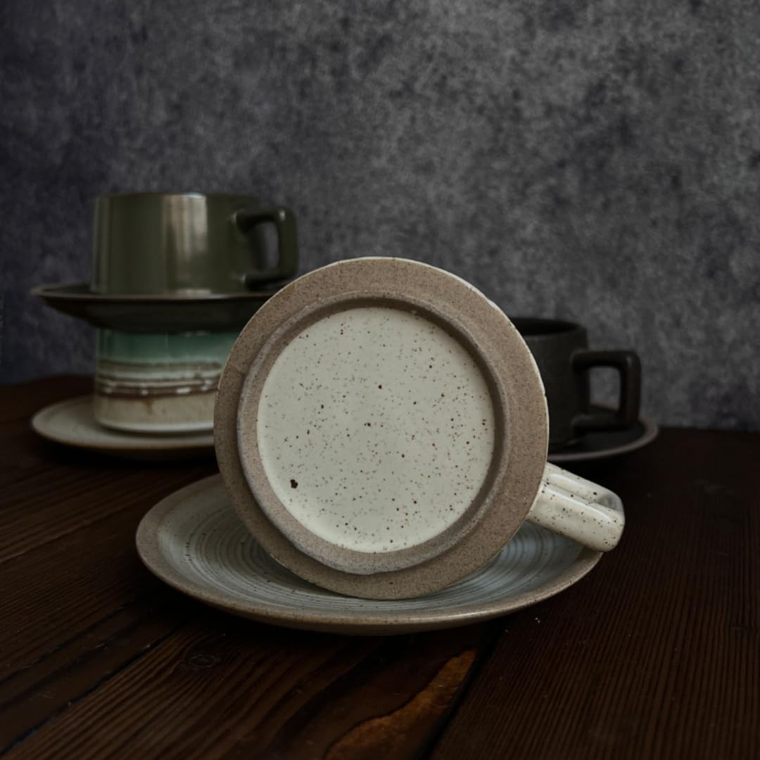 Japanese Simple Stoneware Coffee Cup and Saucer Set - Vintage Ceramic Teacup Mug Gift Box - Home Office Afternoon Tea Set