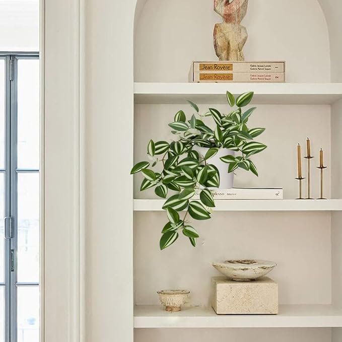 Fake Hanging Plants, 20 Inch Artificial Ivy Plant in Ceramic Pot Faux Vine Potted for Home Bedroom Office Table Shef Desk Indoor Outdoor Decor (Green/White)