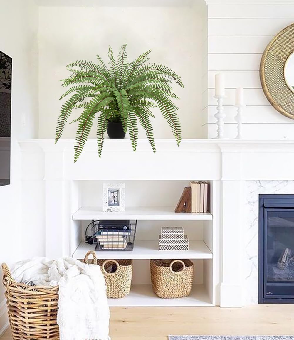 Hollyone Large Artificial Fern Potted Plant for Outdoors Indoors Lifelike Faux Boston Fern Artificial Plants in Black Pot for Garden Patio Home Farmhouse Windowsill Office Decoration