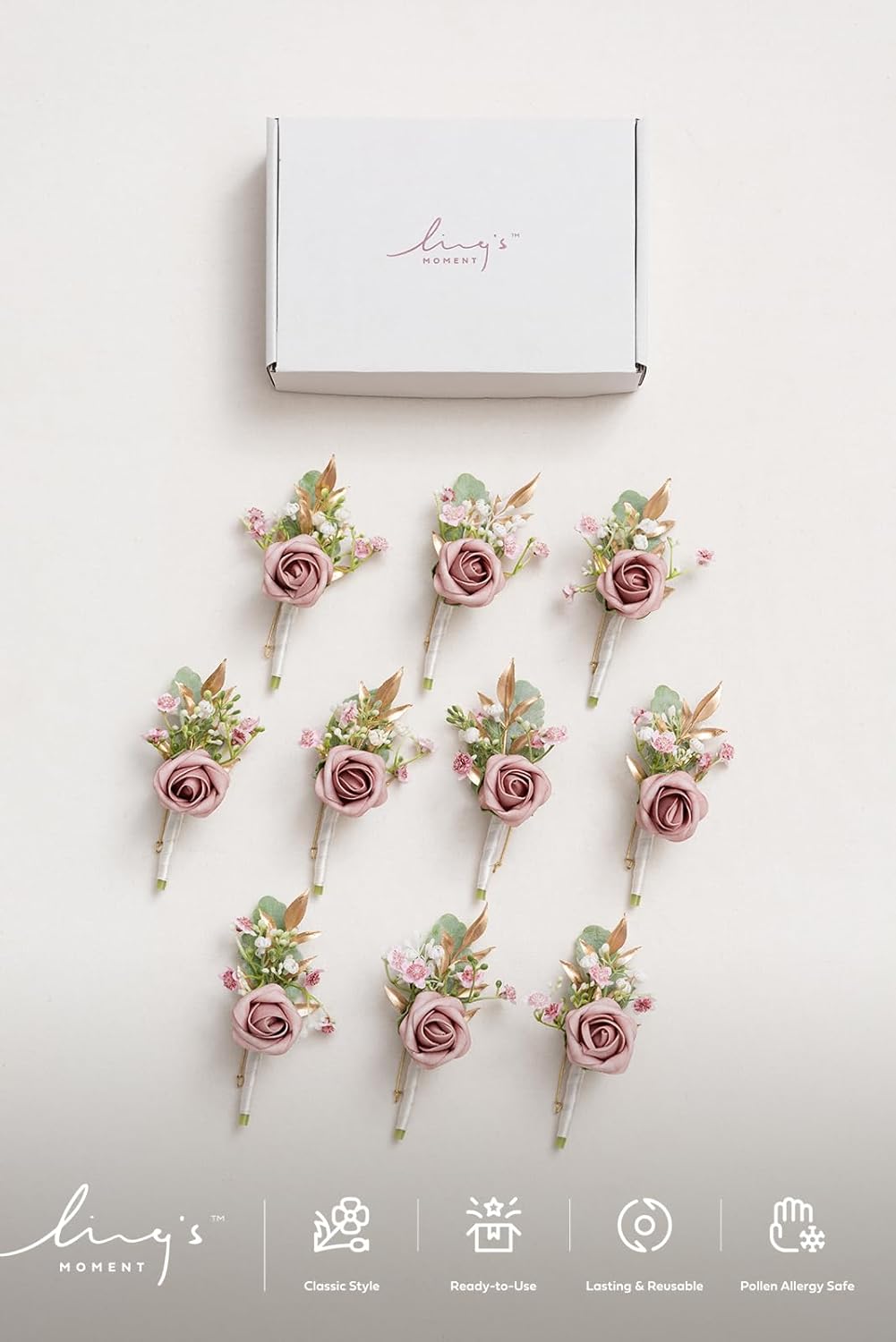 Ling's Moment Boutonniere for Men, 10pcs Groomsmen Guest Boutonniere, Artificial Flowers for Wedding Décor/Prom/Homecoming,etc.Dusty Rose Pink