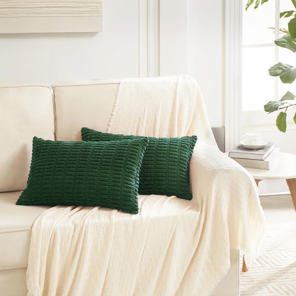 Fancy Homi Boho Dark Green Decorative Throw Pillow Covers 14x24 Inch for Couch Bed Sofa, Rustic Modern Farmhouse Home Decor, Soft Plush Corduroy Cute Square Cushion Case 35x60 cm
