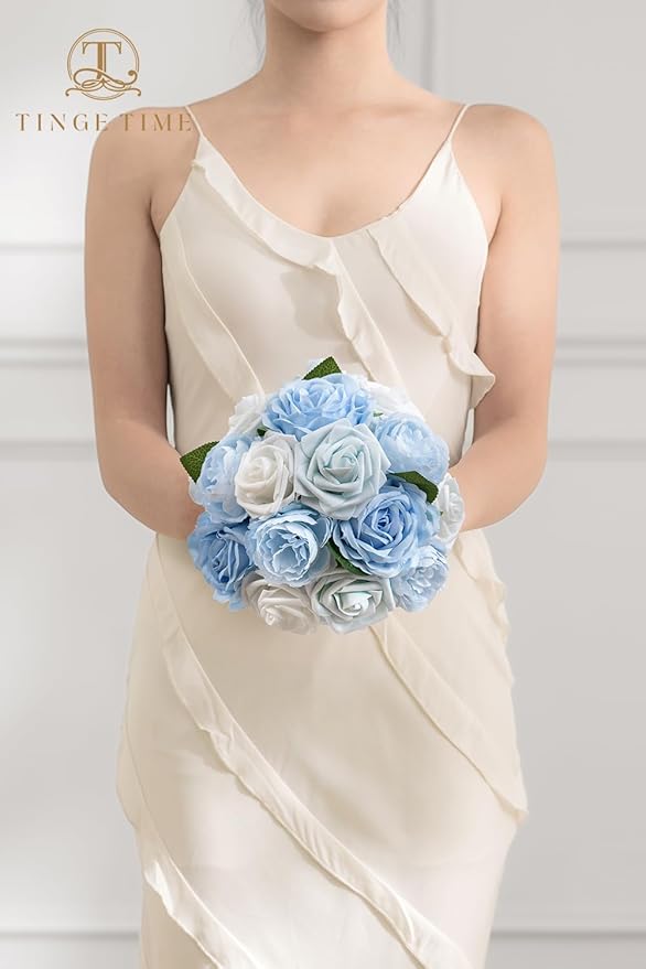 TINGE TIME Light Blue Artificial Flowers Combo Box Set Gradient Color Fake Flower Leaf with Stems for DIY Wedding Bouquets Table Centerpieces Baby Shower Home Party Floral Arrangements Decorations