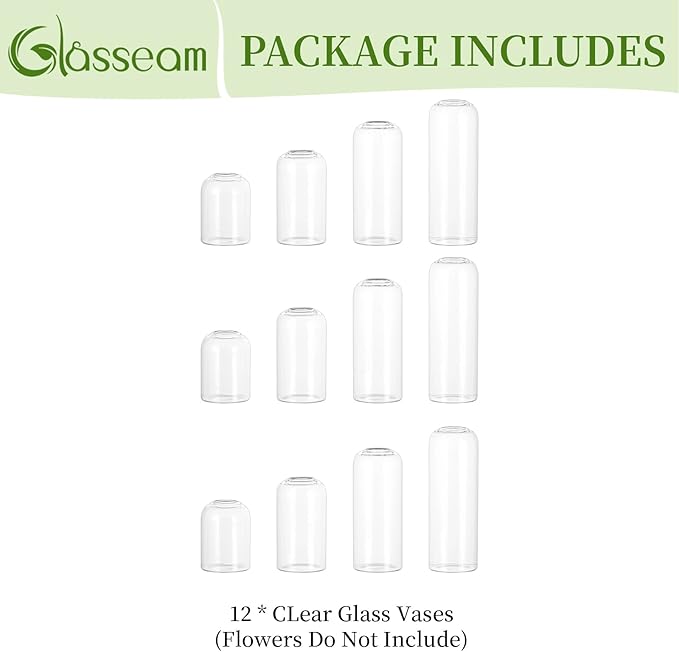Glasseam Glass Bud Vase for Centerpieces, 12pcs Small Flower Vase in Bulk for Single Rose Bouquet, Modern Minimalis Clear Table Centerpieces for t Wedding Party Living Room Bathroom Kitchen Home Decor