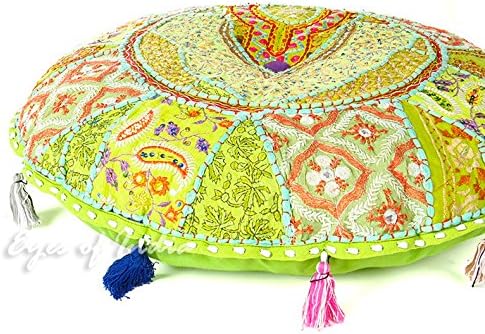 Eyes of India Round Floor Seating Meditation Patchwork Pillow Cushion Cover Colourful Decorative Throw Indian Bohemian Accent Boho Chic Handmade Cover Only (Light Green, 17" x 17")