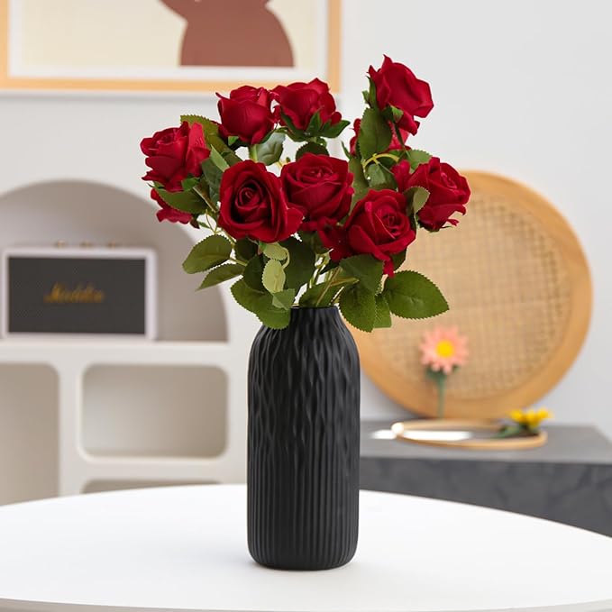 Black Ceramic Flower Vase Set of 2, Porcelain Cylindrical Dried Flowers Holder, Decorating for Drawing Room/Table/Study/Office Entryway, Modern Simple Boho Style (Black)