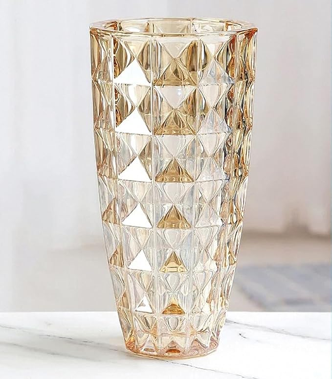 Unique Diamond-Shaped Amber Color Glass Flower Vase 11.8" Tall for Home Decor, Dining Wedding Table Office Holiday Party Centerpiece Decoration.