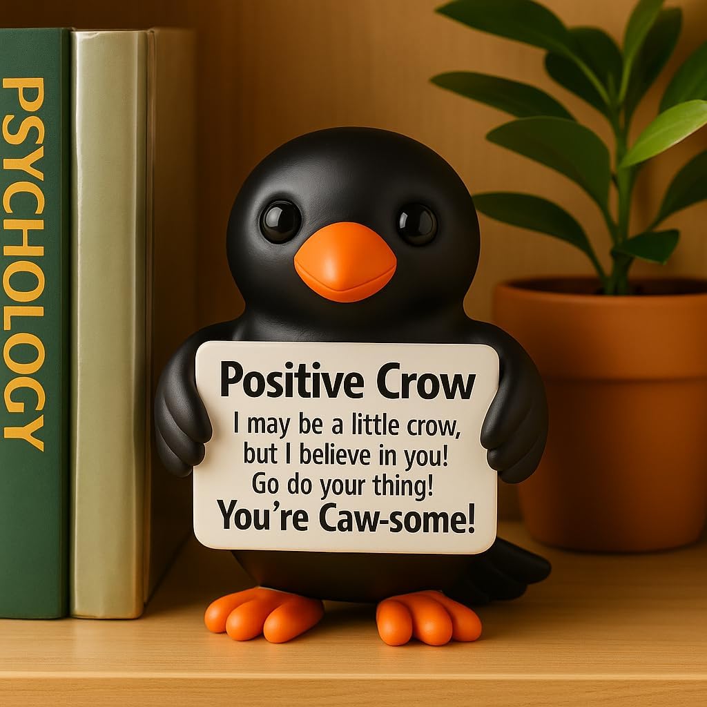 iStatue Positive Crow Resin Figurine – 4 Inch Halloween Indoor Decoration, Cute Motivational Quote Sign, Blackbird Fall Tabletop Decor for Office, Home, or Gifting (Black Crow)