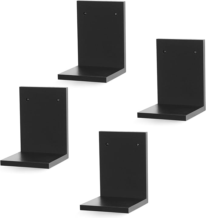 PHOENANCEE Small Wall Shelf Modern,Wooden Mini Floating Shelves,Indoor Wall Mounted Plants Shelf L Shaped,Midcentury Display Decorative Holder for Gallery Living Room Bedroom Porch,Pine,4 Pack(Black)