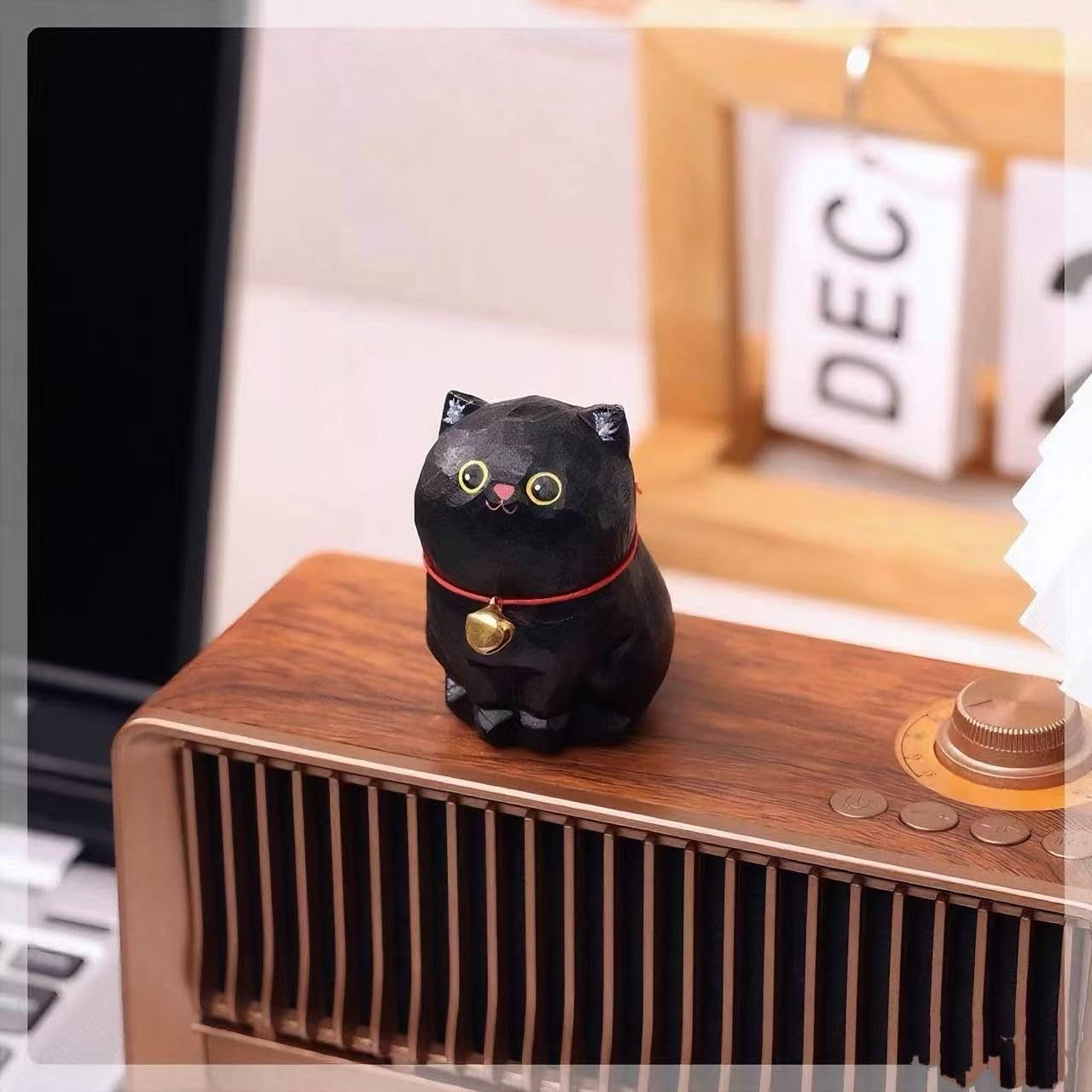 Hand Carved Wooden Black Cat Figurines – 2PCS Small Painted Cat Statues with Base, Cute Desk or Shelf Decor, Collectible Eco-Friendly Pet Figurines, Unique Handmade Gifts for Cat Lovers