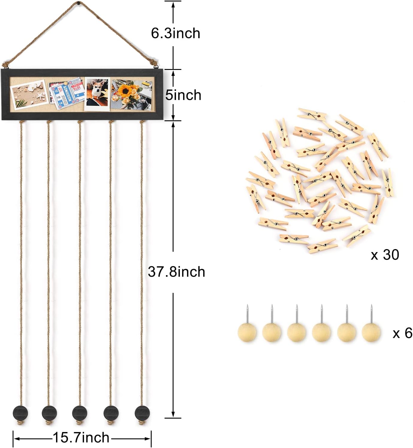 Bikoney Picture Frames Collage Wall Decor Hanging Photo Display Multi Pictures Organizer with Wood Bulletin Board Photo Board 30 Clips and 6 Pushpins for Home and Dorm Room Decor (Black)