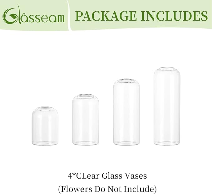 Glasseam Glass Bud Vase for Centerpieces, 4pcs Small Flower Vase Set for Single Rose Bouquet, Modern Minimalis Clear Table Centerpieces for Home Decor Living Room Bathroom Kitchen Wedding Party