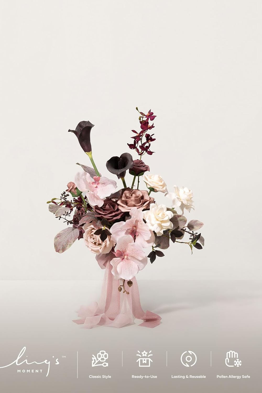 Ling's moment Dusty Rose Wedding Bouquets for Bride, Pink Bridal Bouquets for Bride, 13 Inch Free Form Artificial Wedding Flower Bouquet