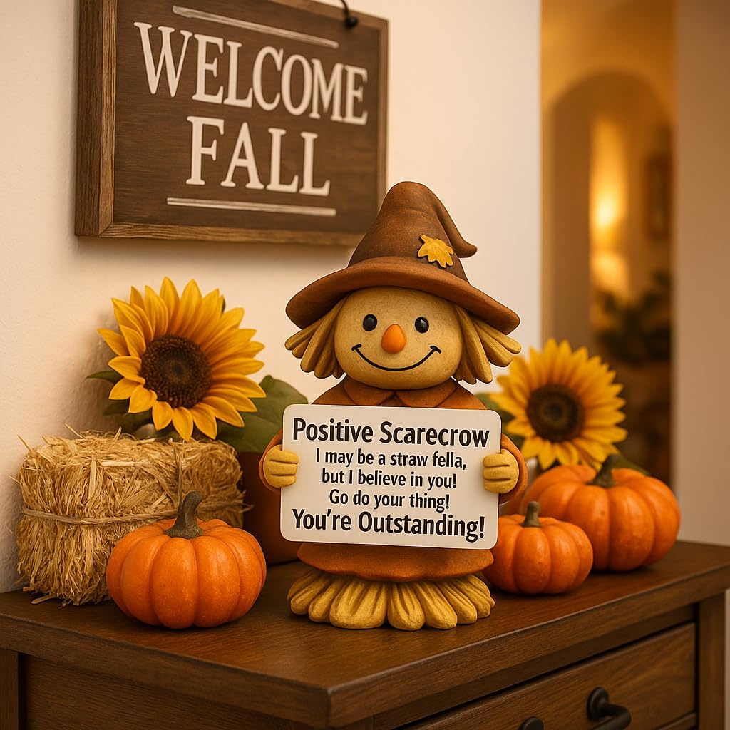 iStatue Positive Scarecrow Fall Figurine – 4.7" Tall Hand-Painted Resin Thanksgiving Decoration with Inspirational Sign – Autumn Harvest Tabletop Décor for Home, Office, Gift (Brown Scarecow)