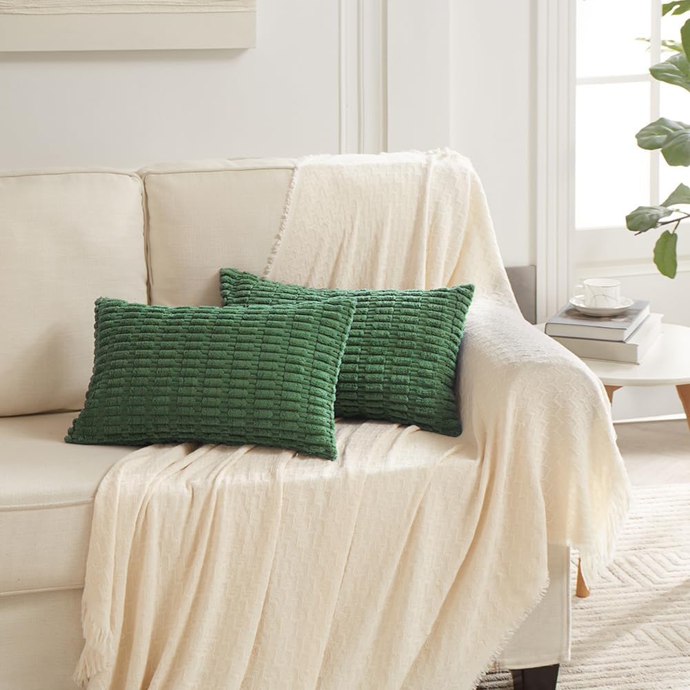 Fancy Homi Set of 4 Green Lumbar Rectangle Decorative Throw Pillow Covers 16x24 Inch for Couch Bed Chair, Aesthetic Boho Room Decor, Soft Fuzzy Thick Corduroy Textured Cushion Case 40x60cm