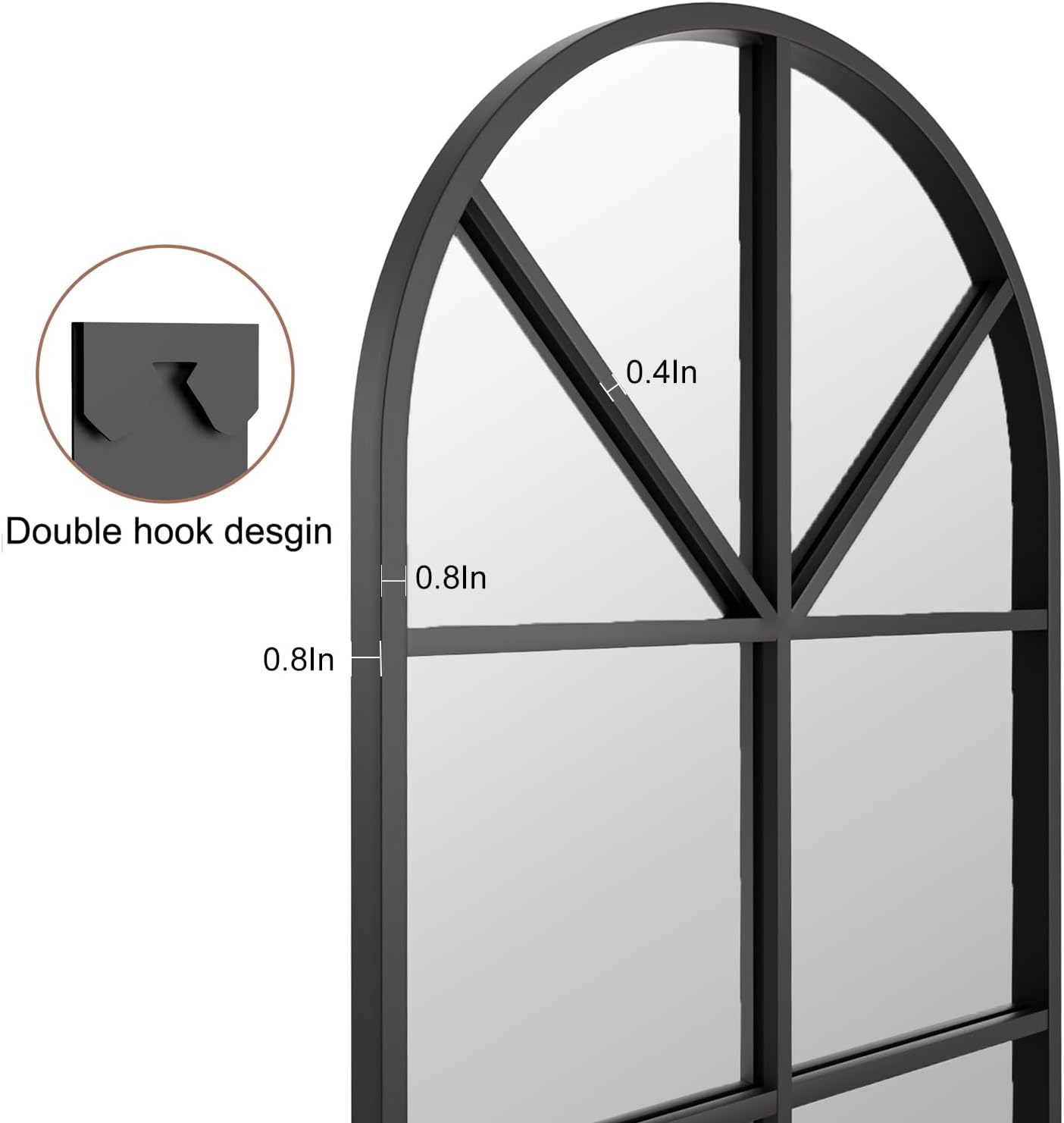 Full Length Mirror, Black Floor Mirror, 64"x21" Arched Window Pane Mirror, Oversize Wall Mirrors, Farmhouse Standing Mirrors with Aluminum Frame Hanging or Leaning for Living Room, No Stand
