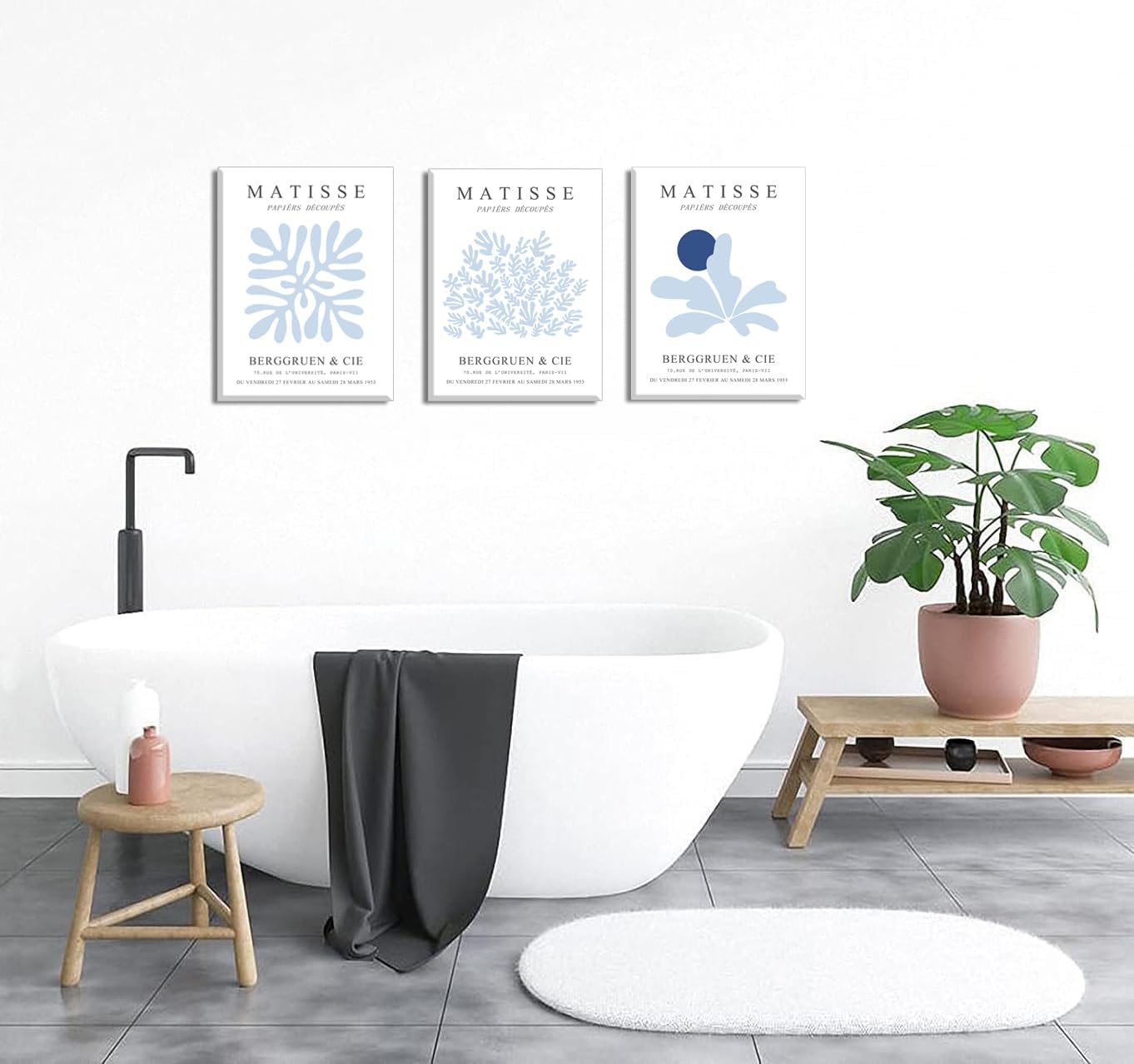 Julaydi Matisse Wall Art Blue Abstract Posters Framed Set of 3 Minimalist Plant Leaf Canvas Prints Modern Painting Wall Decor Artwork Aesthetic Pictures for Living Room Bedroom Bathroom 12x16in