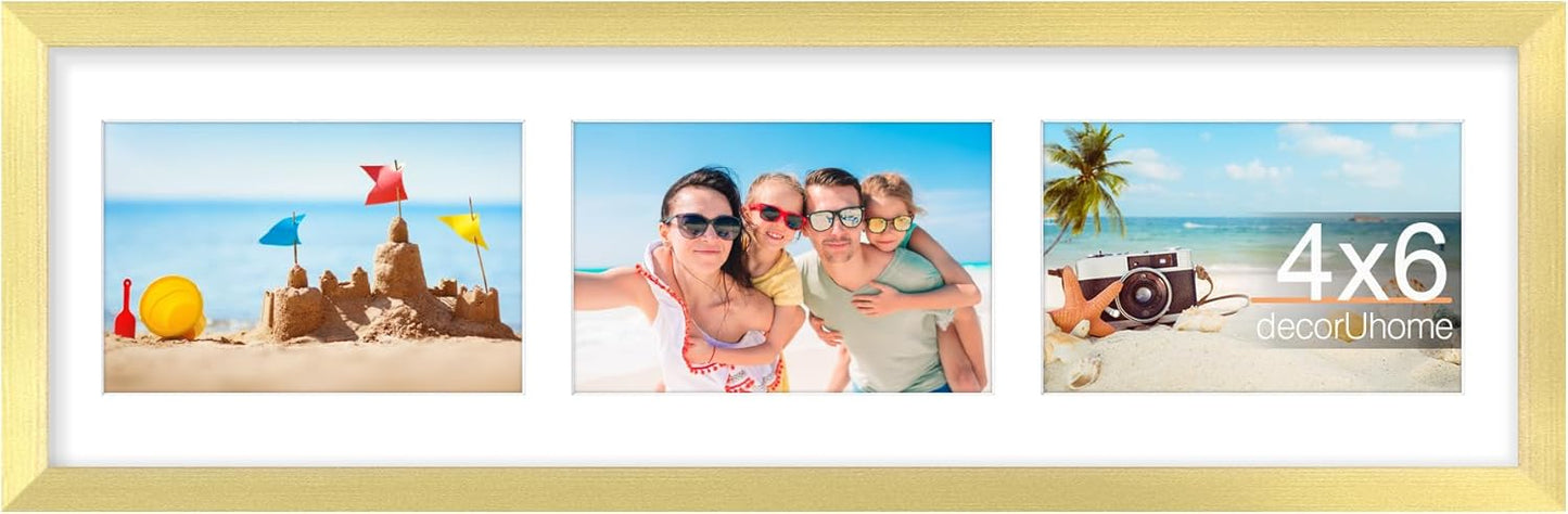 decorUhome 6x20 Picture Frames Collage Wall Decor, Display 3Pcs 4x6 Photos with Mat or 1Pcs 6x20 Unmatted, 3 4x6 Collage Picture Frames for Wall Mounting, Gold