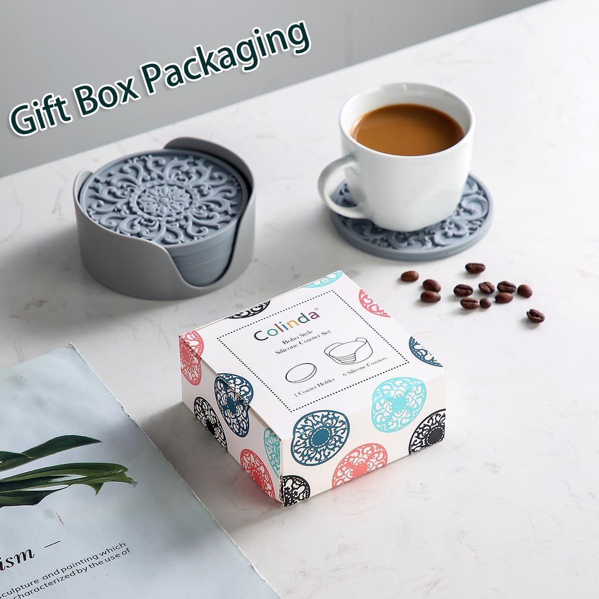 Colinda Silicone Coasters - Set of 6 with Holder, Non-Slip Cup Mats for Hot and Cold Drinks, Decorative Designs, Gift Ready Packaging, Warm Grey