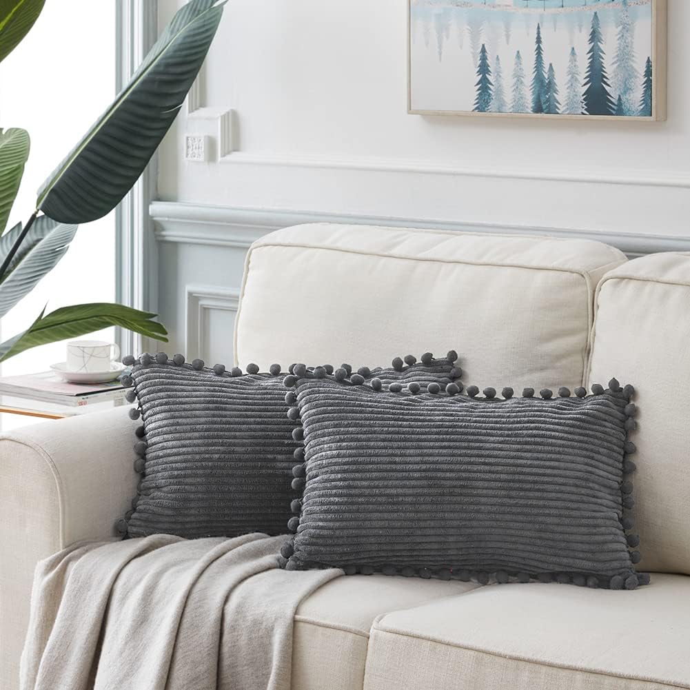 Fancy Homi 2 Pack Dark Gray Lumbar Decorative Throw Pillow Covers 12x20 Inch with Pom-poms for Couch Bedroom Sofa, Soft Corduroy Solid Rectangle Cushion Case 30x50 cm, Farmhouse Boho Home Decor