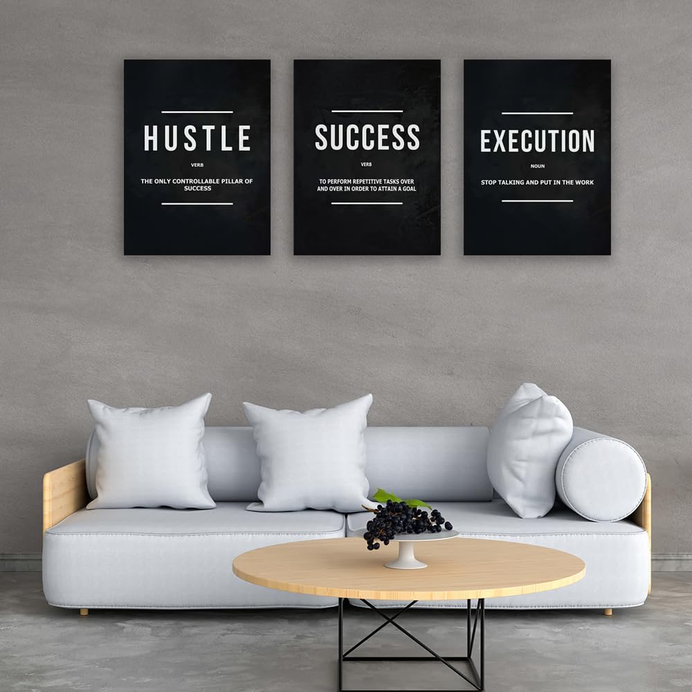 Inspirational Wall Poster Hustle Poster Success Goal Artwork Entrepreneur Quote Painting Motivational Office Wall Decor Art for Bedroom Living Room Home Decoration Framed 20inch x28inch x3pieces