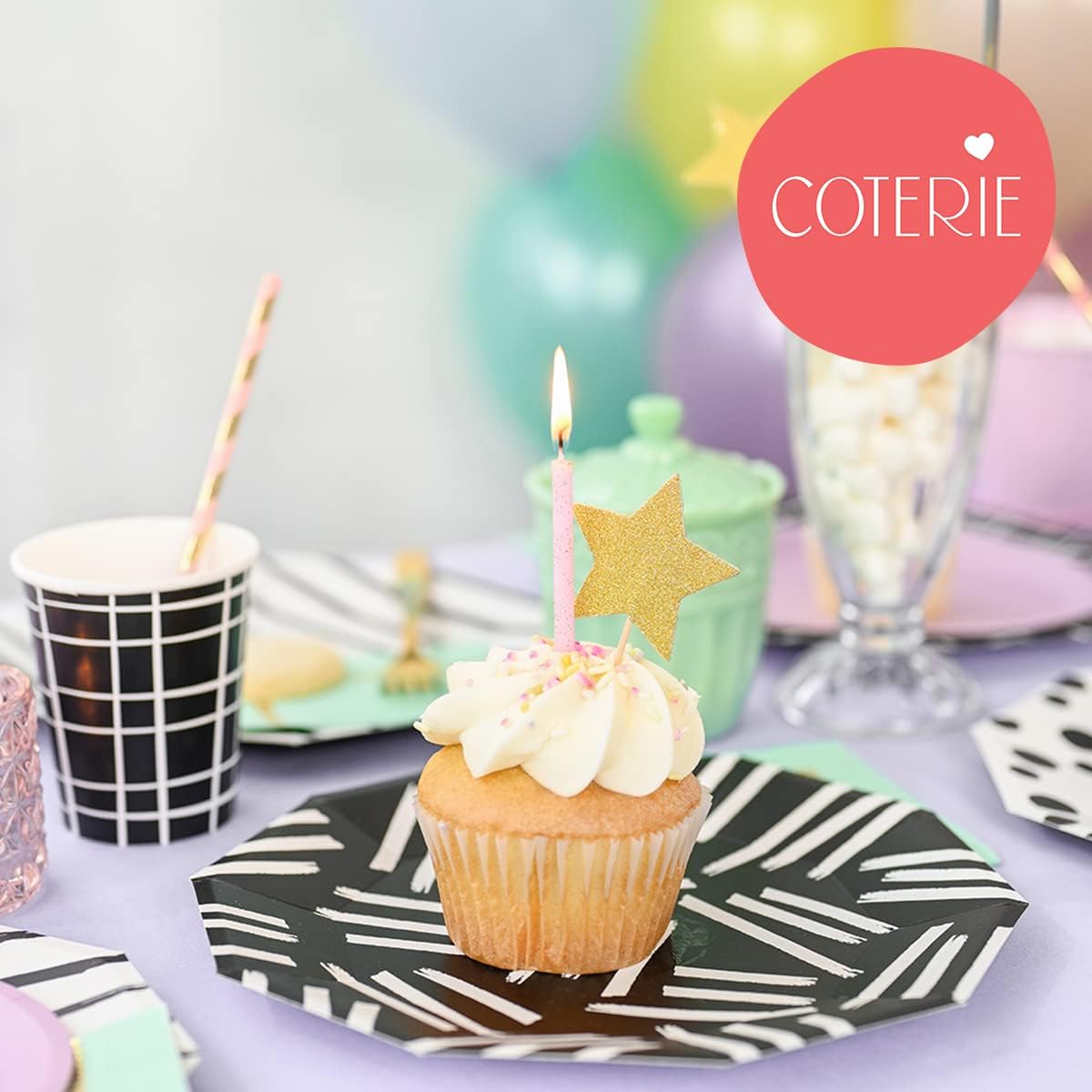 Coterie Black and White Large Paper Plates (Set of 10) - For Summer Party, Dinner Birthday Party Stripe, Polka Dot | 9.25” Modern 2 each design, Yellow,Blue,White