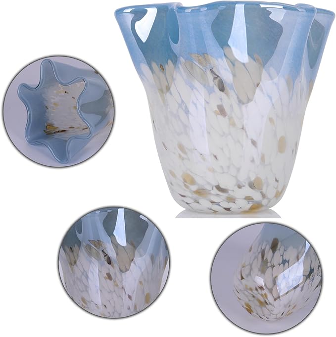 Hand Blown Glass vase, Blue Glass Art Wide Mouth vase for Home Living Room, Fireplace Decor, Table centerpieces, entryway Tables and Wedding Decor.