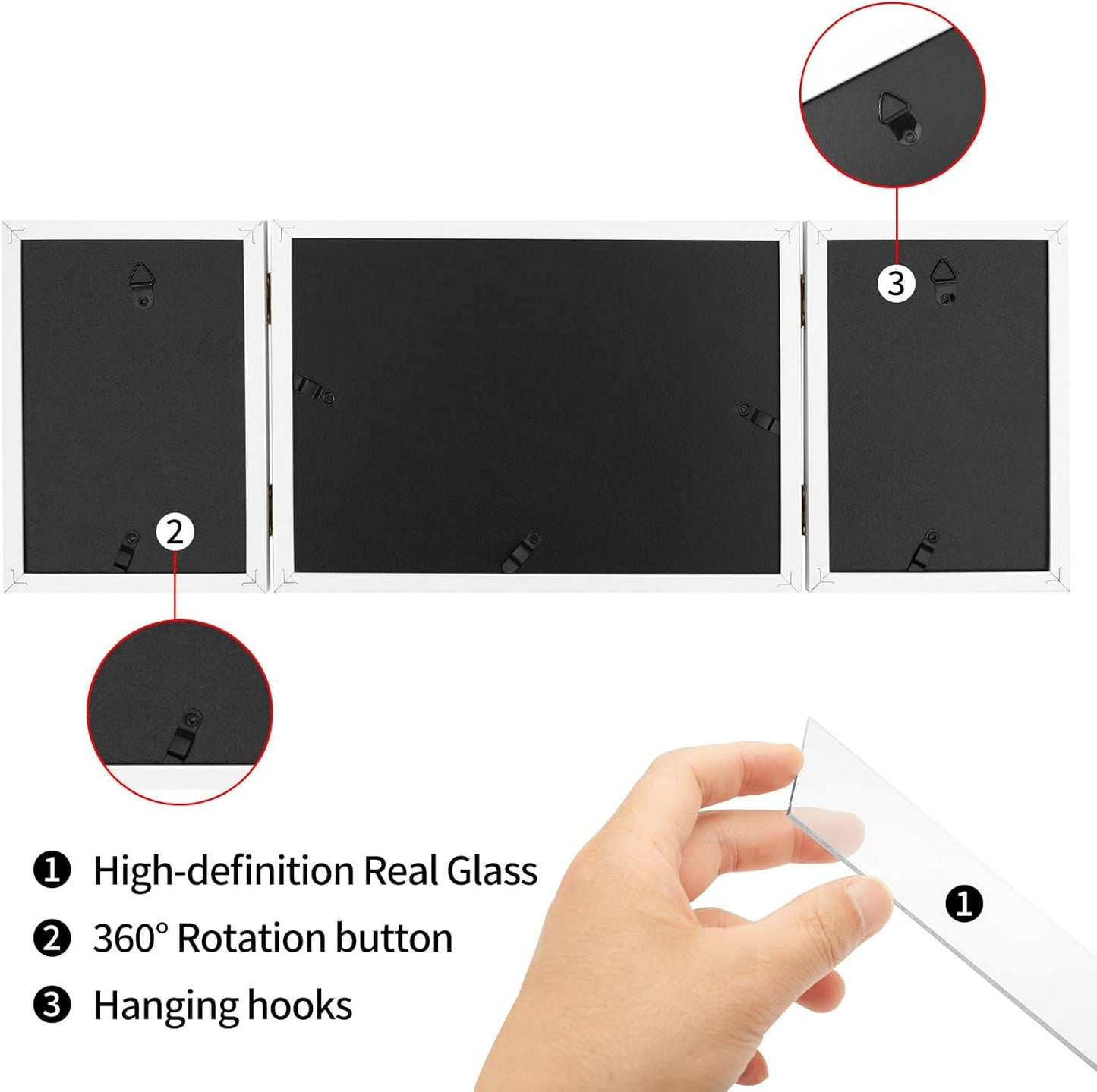 Hinged 3 Picture Frame 4x6 & 5x7 Folding Collage Photo Frames Multiple Wooden Desk Picture Frames with Mat for Office Tabletop or Wall Decor, White