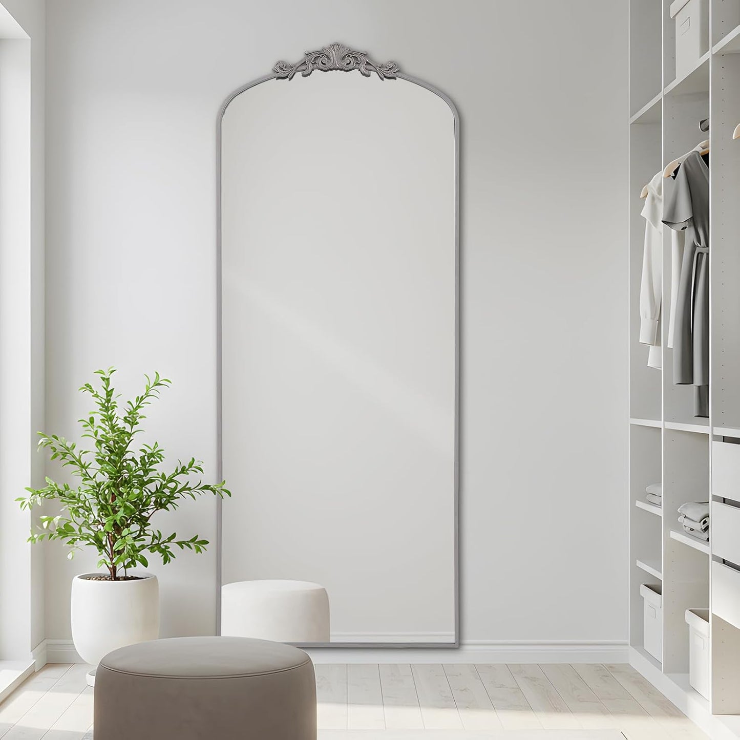 Filigree Floor Mirror 64"x21" Full Length Freestanding with Vintage Ornate Carved Applique Full Body Mirror Hanging Wall Mounted for Living Room Bedroom Retor Home Decor Mirror, Silver