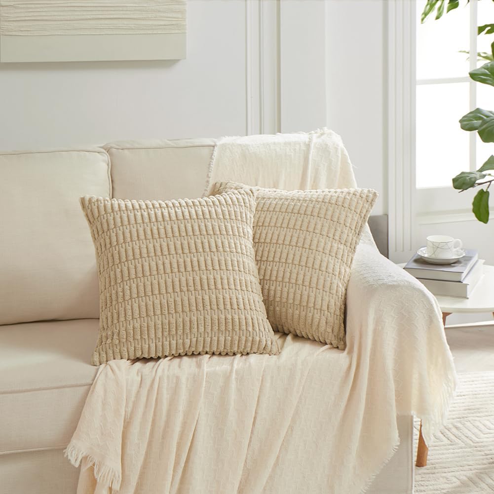 Fancy Homi 4 Packs Tan Decorative Throw Pillow Covers 14x14 Inch for Living Room Couch Bed Sofa, Beige Rustic Farmhouse Boho Home Decor, Soft Plush Striped Corduroy Square Cushion Case 35x35 cm