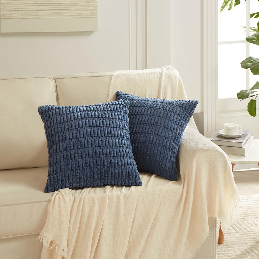 Fancy Homi Dusty Blue Decorative Throw Pillow Covers 16x16 Inch for Living Room Couch Bed Sofa, Rustic Farmhouse Boho Home Decor, Soft Striped Corduroy Square Cushion Case 40x40 cm