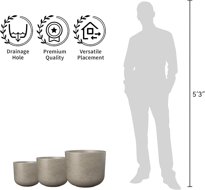 Kante 13",11",9" Dia Weathered Concrete Round Planters (Set of 3), Outdoor Indoor Modern Planter Pots, Lightweight, Weather Resistant, Seamless with Drainage Hole
