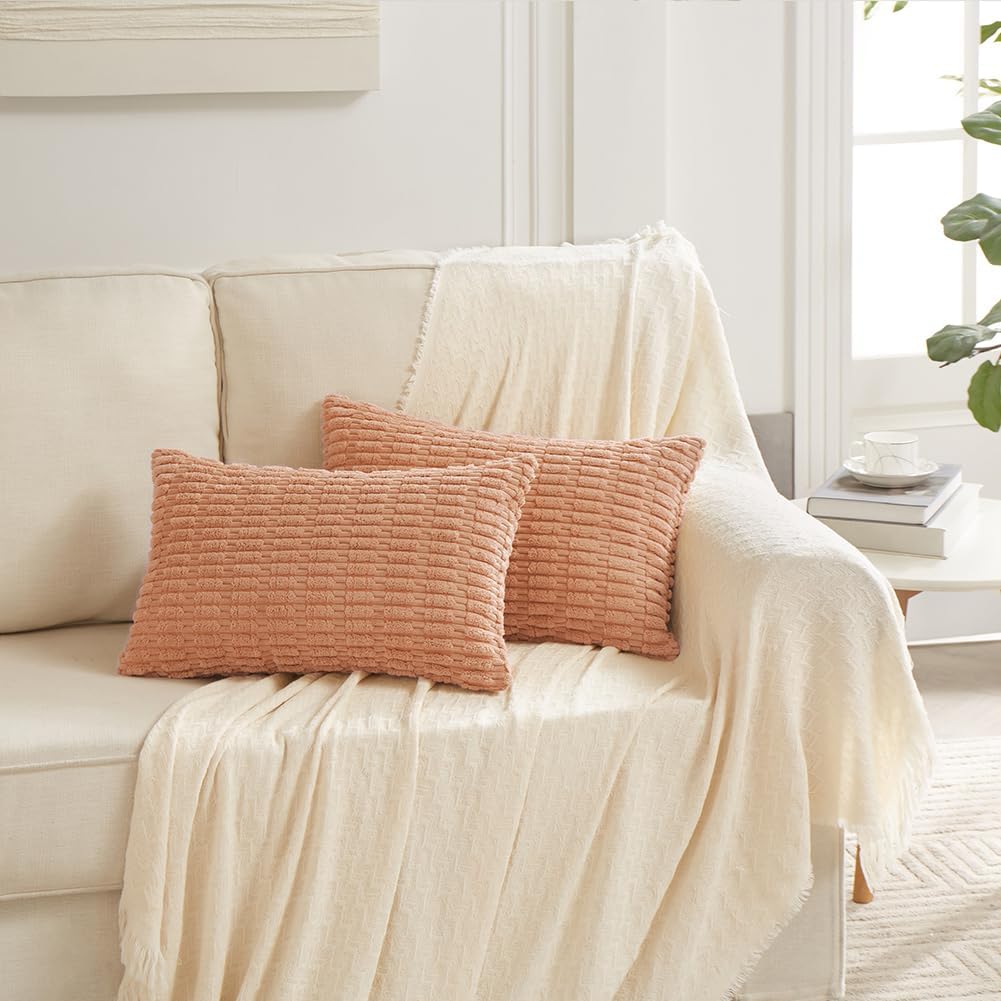 Fancy Homi 4 Packs Peach Decorative Throw Pillow Covers 12x20 Inch for Living Room Couch Bed, Rustic Modern Farmhouse Boho Home Decor, Soft Plush Corduroy Cute Square Accent Cushion Case 30x50 cm