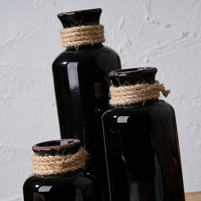 LUKA Ceramic Rustic Farmhouse Vase Set of 3,Terracotta Vases for Decor,Antique Vase for Your Bedroom,Office,Living Room,Fireplace Decor,Housewarming (10+7.5+5 Inch)